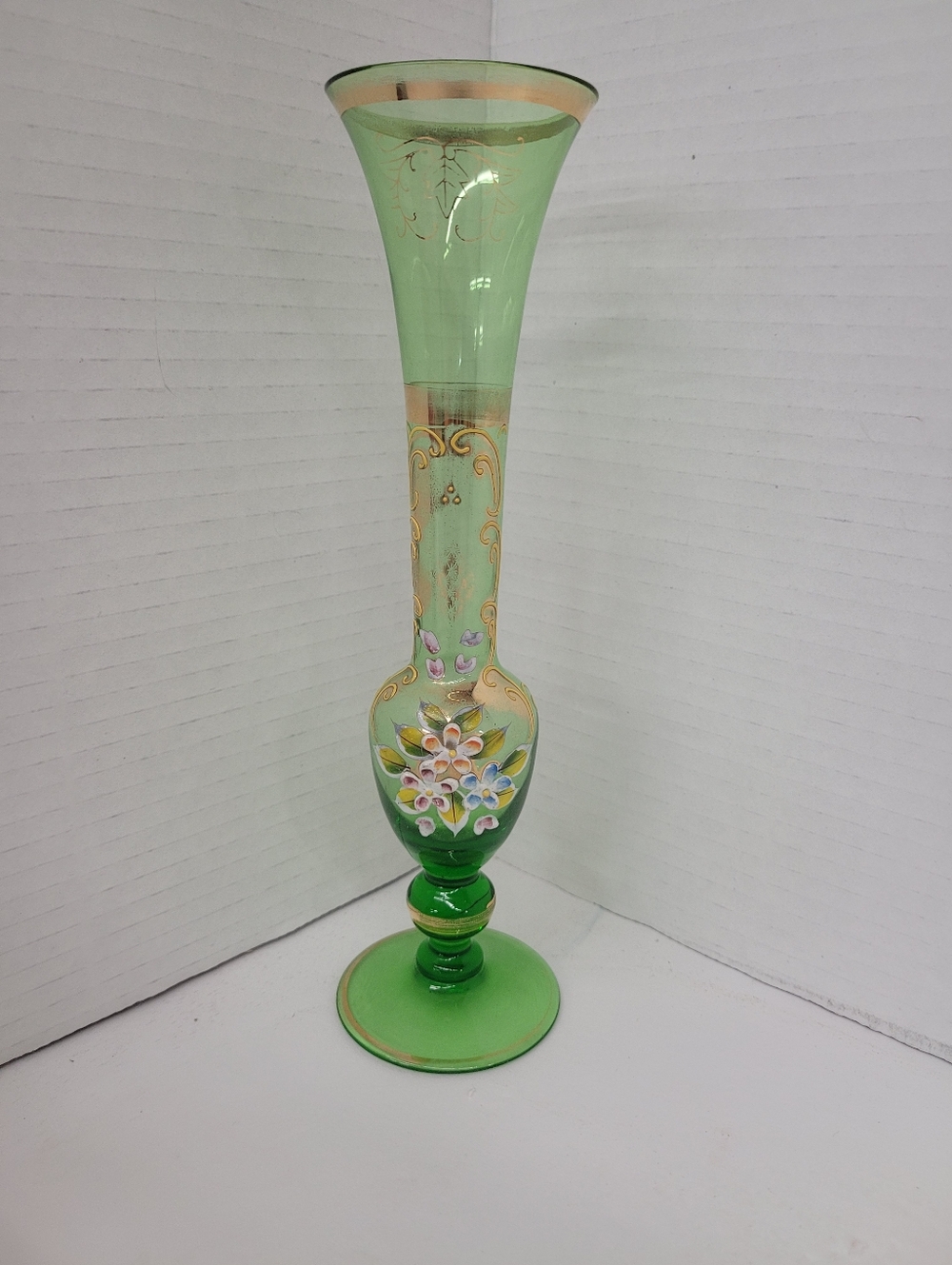 Vintage Venetian Art Glass Green Bud Vase 9" Tall